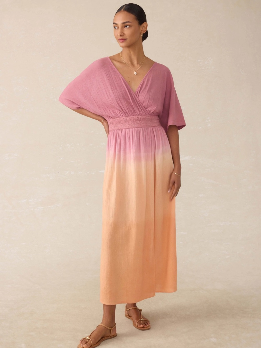 Faherty Mila Ombré Organic Cotton Gauze Maxi Dress Pink Orange S
